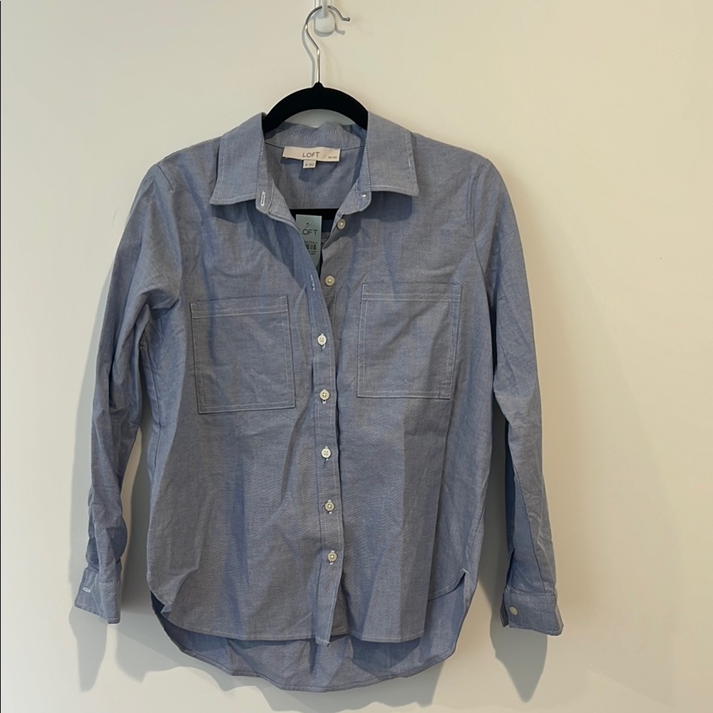 NWT LOFT Petites Blue Cotton Button Down Shirt